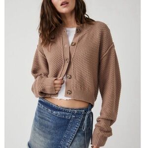 Free People Lila Cardigan Tan Textured Knit Cropped Button Sweater XS